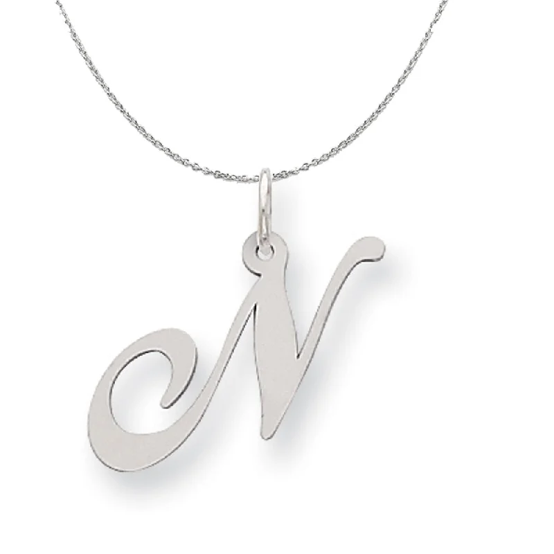 sturdy statement necklace-Silver, Ella Collection Medium Fancy Script Initial N Necklace