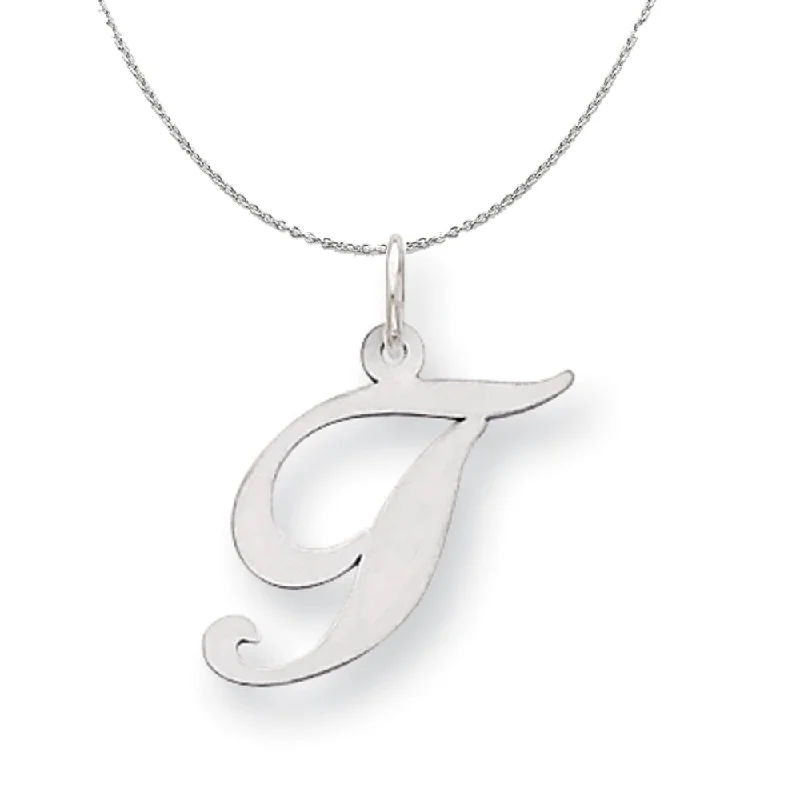 Silver, Ella Collection Medium Fancy Script Initial T Necklace