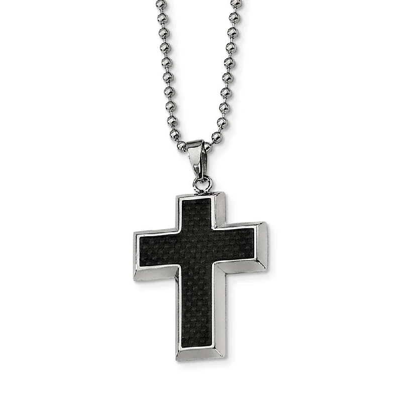 coiled silver necklace-Stainless Steel and Black Carbon Fiber Inlay Cross Necklace - 22 Inch