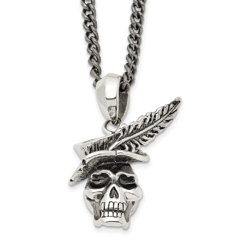 Stainless Steel Antiqued 3D Feather Hat Skull Necklace, 22 Inch