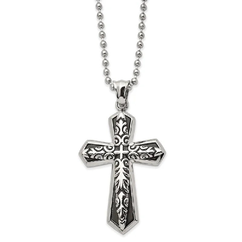 raw turquoise pendant necklace-Stainless Steel Antiqued Black Plated LG Passion Cross Necklace, 22 In