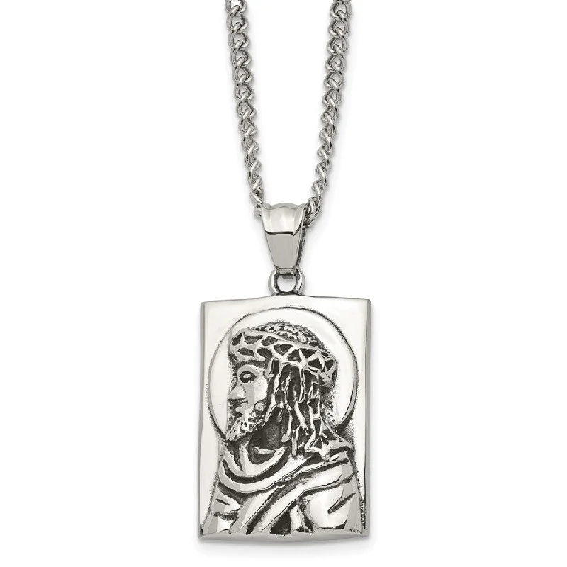 Stainless Steel Antiqued Embossed Jesus Dog Tag Necklace, 24 Inch