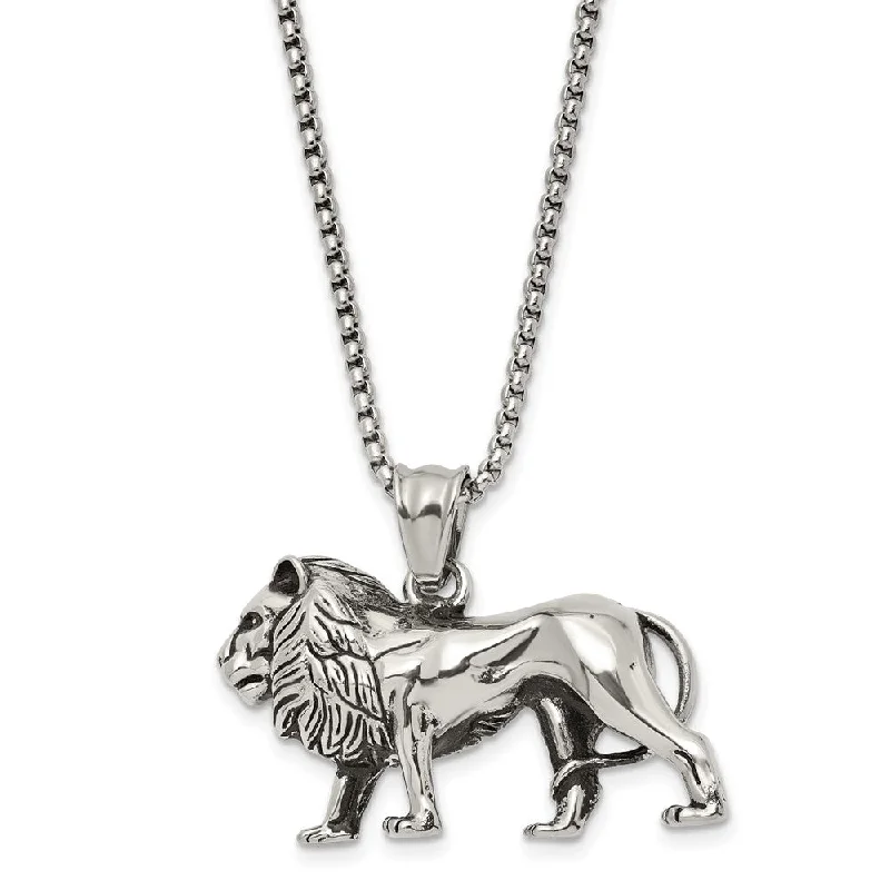 adaptable layered necklace-Stainless Steel Antiqued & Polished Lion Necklace, 25.5 Inch