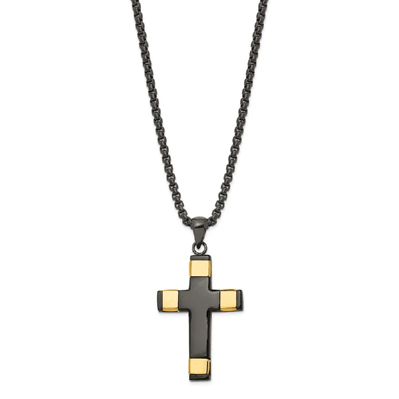 sprig pendant necklace-Stainless Steel Black and Gold Tone Plated Cross Necklace, 19.75 Inch