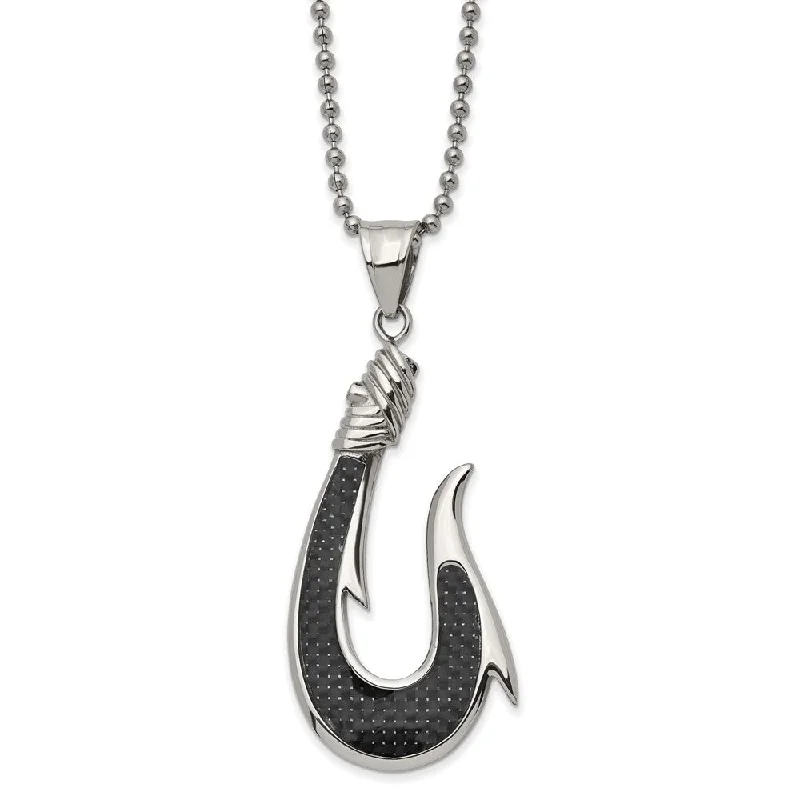 rose gold seven-chain necklace-Stainless Steel & Black Carbon Fiber Large Hook Necklace, 22 Inch