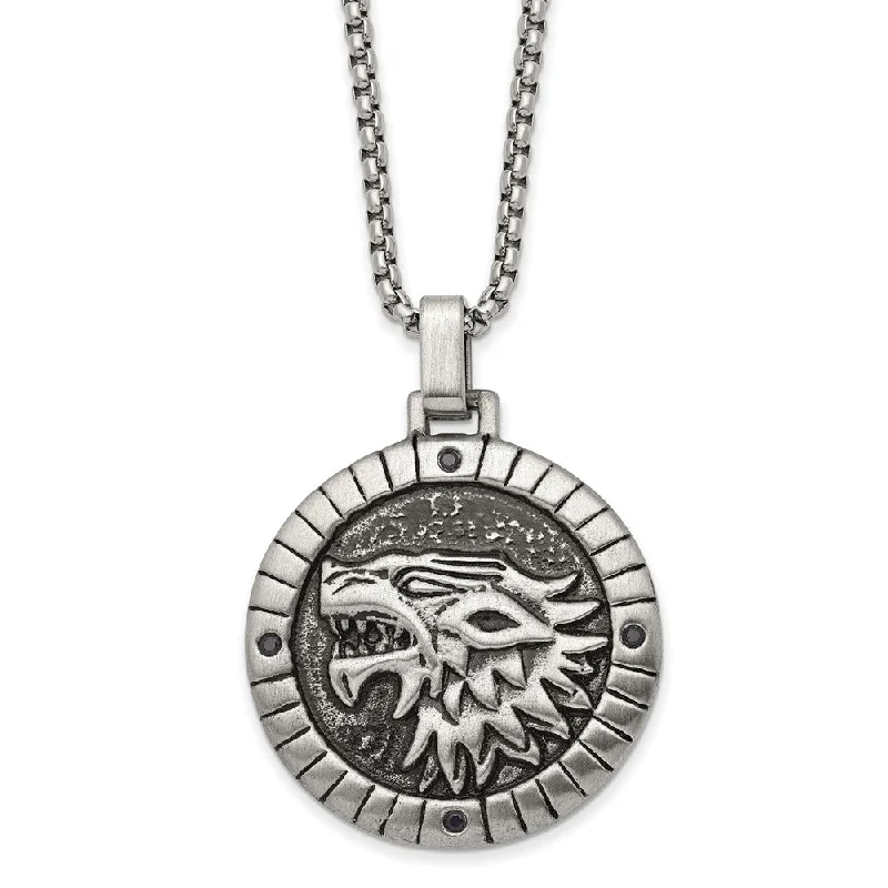 Stainless Steel & Black CZ Antiqued Chimera Disc Necklace, 24 Inch