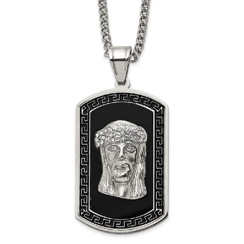 morganite silver necklace-Stainless Steel, Black Enamel & Crystal Jesus Dog Tag Necklace, 24 In