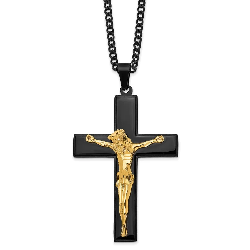 ocean blue necklace-Stainless Steel Black & Gold Tone Plated LG Crucifix Necklace, 24 Inch