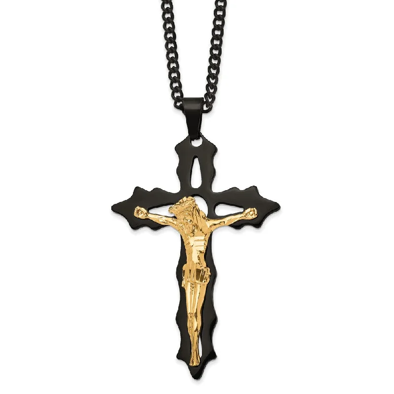 drifter turquoise necklace-Stainless Steel Black & Gold Tone Plated XL Crucifix Necklace, 24 Inch