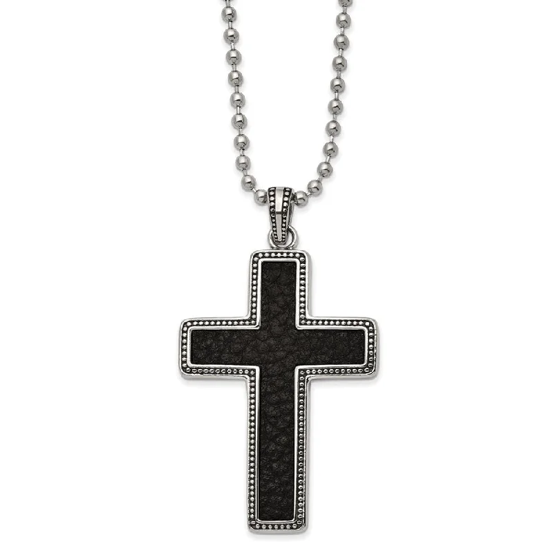 floral-inspired necklace-Stainless Steel & Black Leather Large Antiqued Cross Necklace, 22 Inch