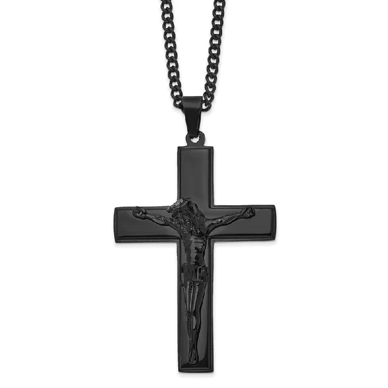 fluid pendant necklace-Stainless Steel Black Plated LG Crucifix Necklace, 24 Inch