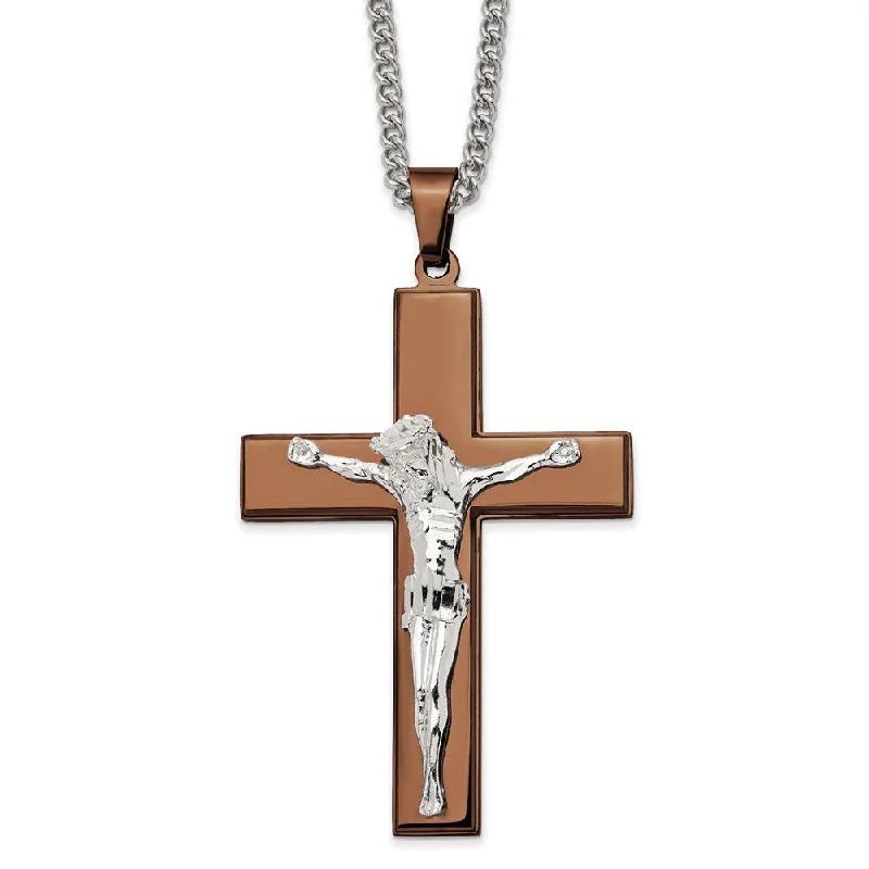 Stainless Steel & Brown IP-Plated Large Crucifix Necklace, 24 Inch