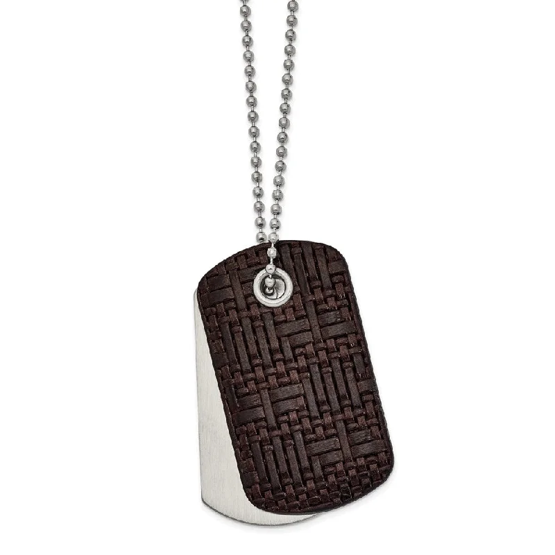 Stainless Steel & Brown Woven Leather 2 Piece Dog Tag Necklace, 22 In