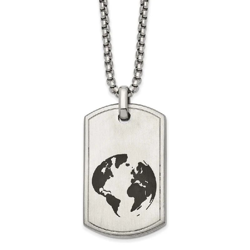 Stainless Steel Brushed & Enamel Earth Dog Tag Necklace, 24 Inch