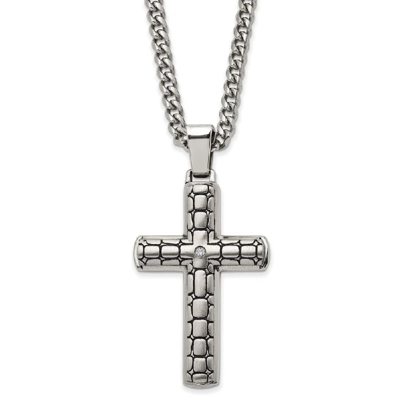 Stainless Steel CZ Antiqued Brushed Cobblestone Cross Necklace, 24 In