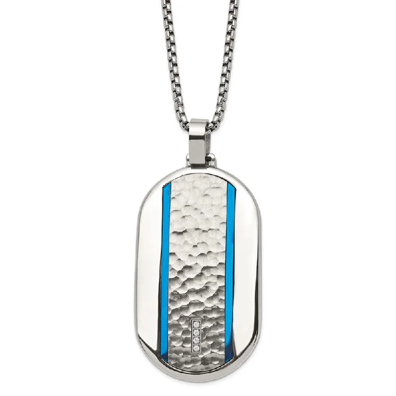 night diamond necklace-Stainless Steel CZ Blue Plated Large Rounded Dog Tag Necklace, 24 Inch