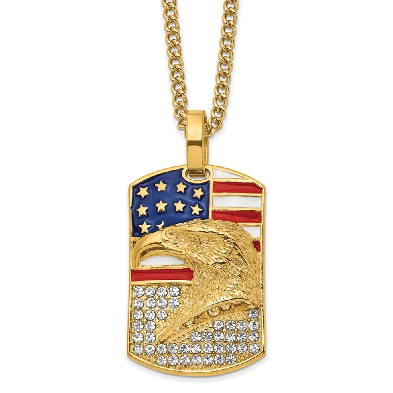 floral-themed necklace-Stainless Steel, Gold-Tone, Enamel, Crystal Eagle Flag Necklace, 24 In