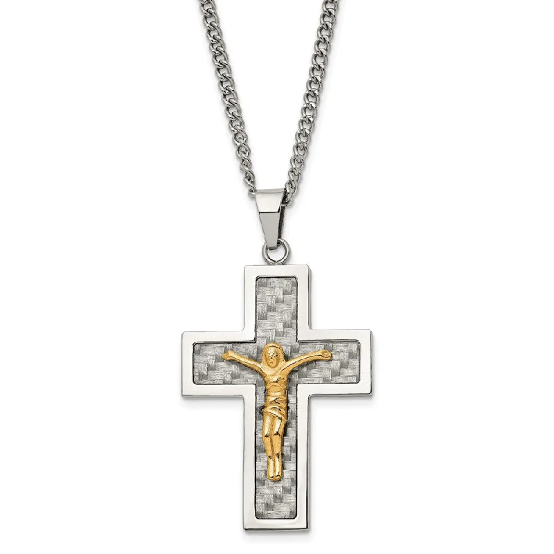 Stainless Steel, Gold Tone, Gray Carbon Fiber Crucifix Necklace, 24 In