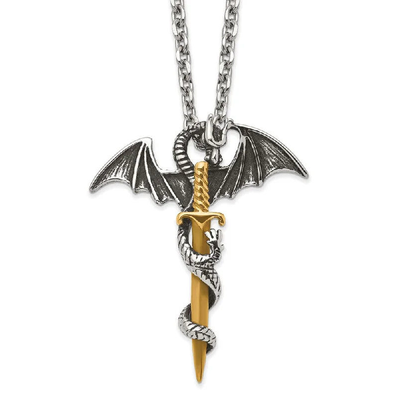 extravagant statement necklace-Stainless Steel & Gold Tone Plated Large Dragon Sword Necklace, 24 In