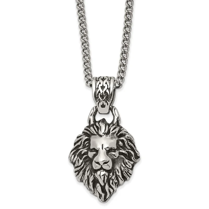 Stainless Steel Medium Antiqued Lion's Head Necklace, 24 Inch