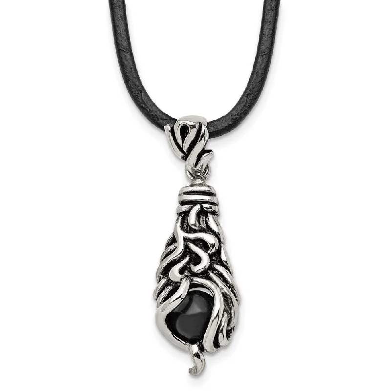 sturdy silver necklace-Stainless Steel, Moveable Black Agate & Leather Cord Necklace, 20 Inch