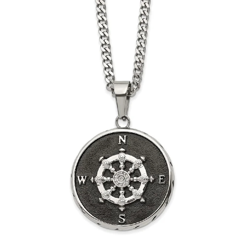 Stainless Steel Polished & Black Plated 30mm Compass Necklace, 22 Inch