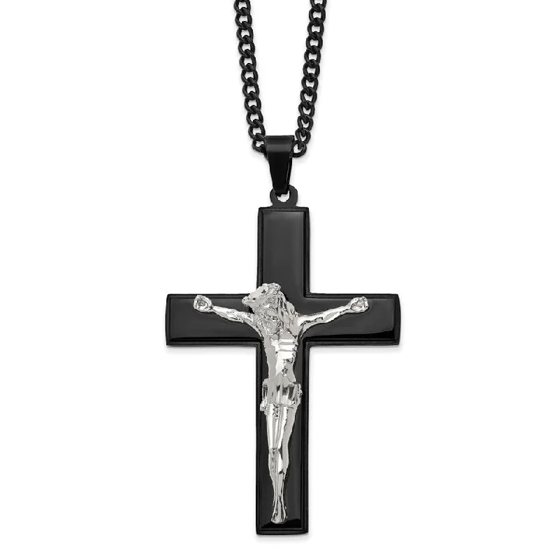 aquamarine layered necklace-Stainless Steel Polished & Black Plated LG Crucifix Necklace, 24 Inch