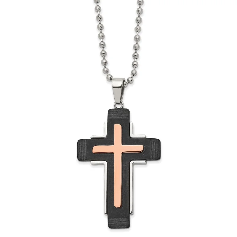 Stainless Steel Rose Plated & Black Carbon Fiber Cross Necklace, 22 In