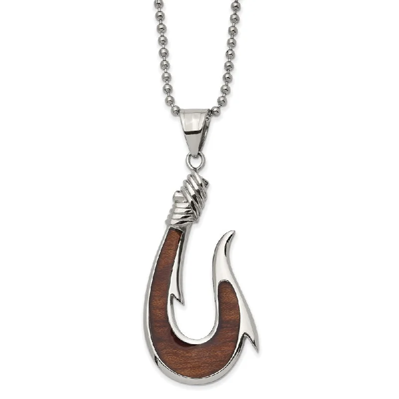 Stainless Steel & Rosewood Inlay Large Hook Necklace, 22 Inch