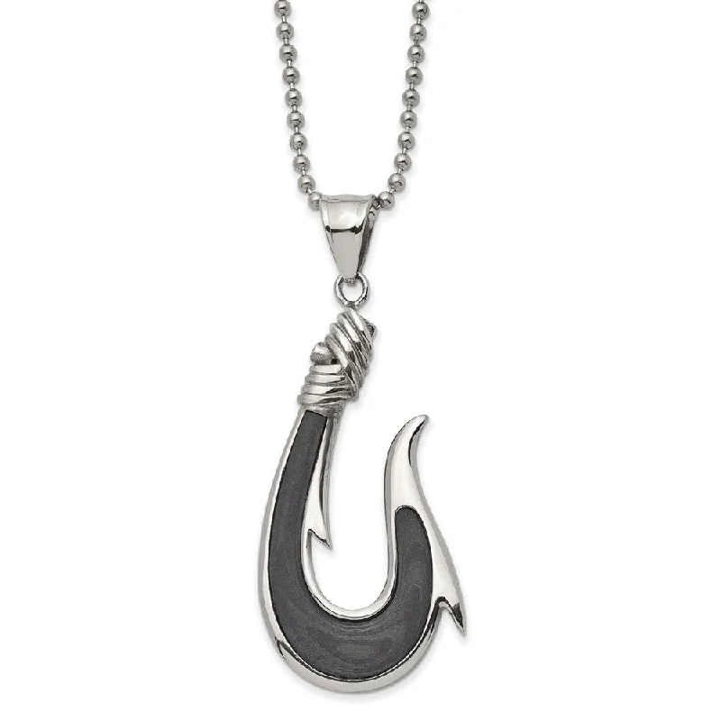 fluid modern necklace-Stainless Steel & Solid Black Carbon Fiber Large Hook Necklace, 22 In