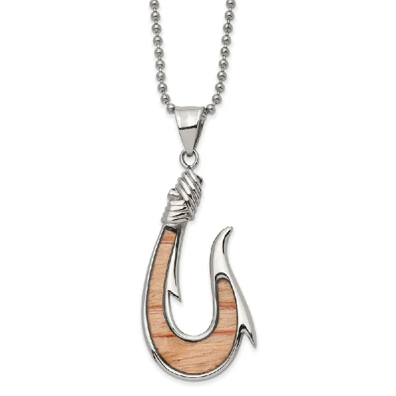 Stainless Steel & Wenge Wood Inlay Large Hook Necklace, 22 Inch