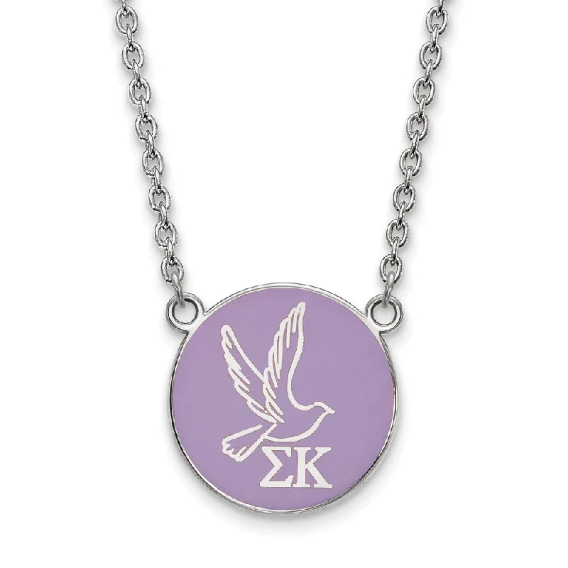 Sterling Silver Sigma Kappa Large Lavender Enamel Dove Disc Necklace