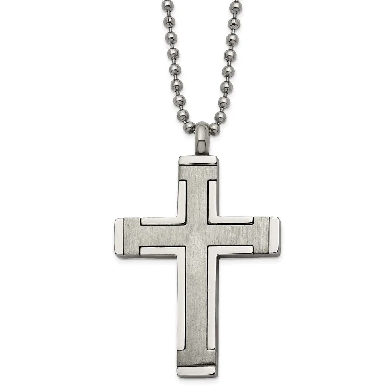 Titanium & Stainless Steel Brushed & Polished Cross Necklace, 22 Inch