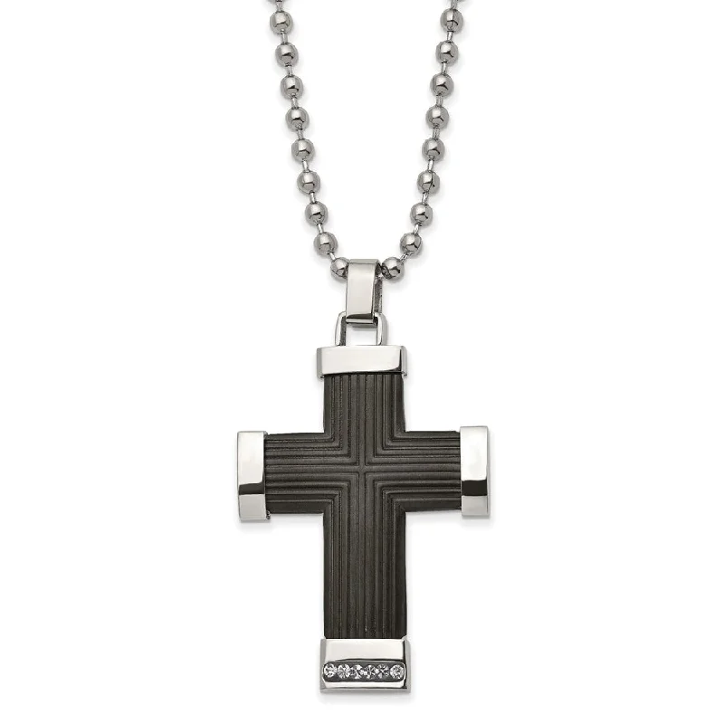 adaptable birthstone necklace-Two Tone Stainless Steel & Crystal Reversible Cross Necklace, 22 Inch