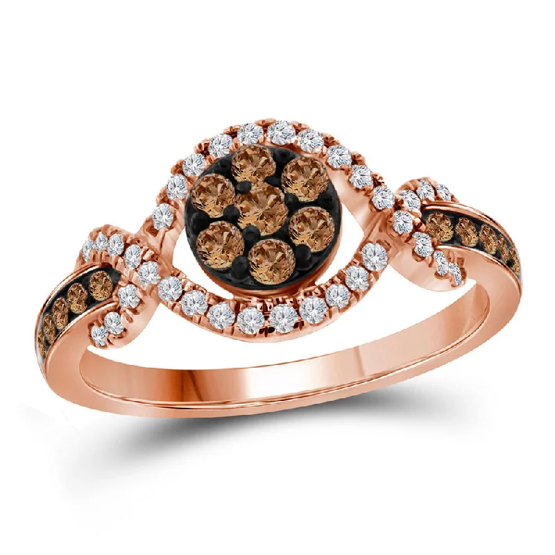 adaptable infinity ring-10kt Rose Gold Womens Round Brown Diamond Flower Cluster Ring 1/2 Cttw