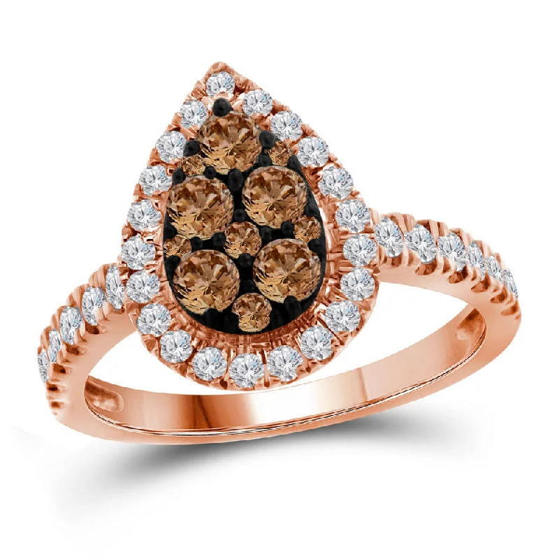 twist shank ring-10kt Rose Gold Womens Round Brown Diamond Teardrop Cluster Ring 1 Cttw