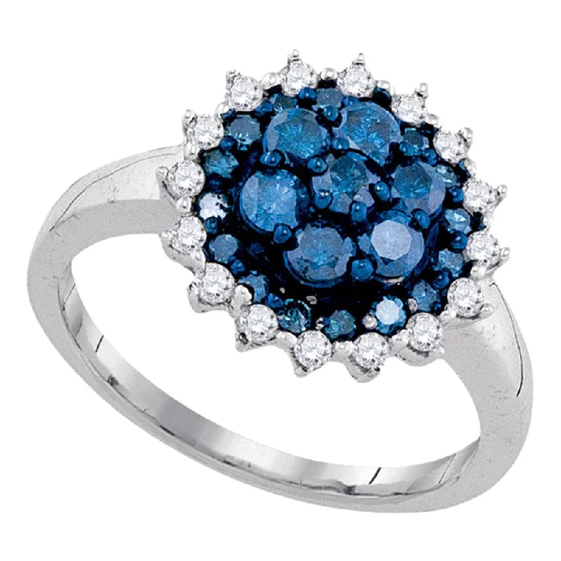 ripple gemstone ring-10kt White Gold Womens Round Blue Color Enhanced Diamond Flower Cluster Ring 1 Cttw