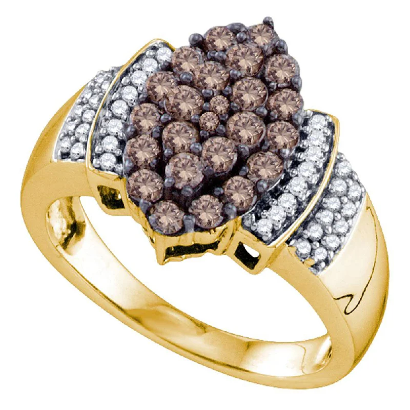 drifter turquoise ring-10kt Yellow Gold Womens Round Brown Diamond Cluster Ring 1 Cttw