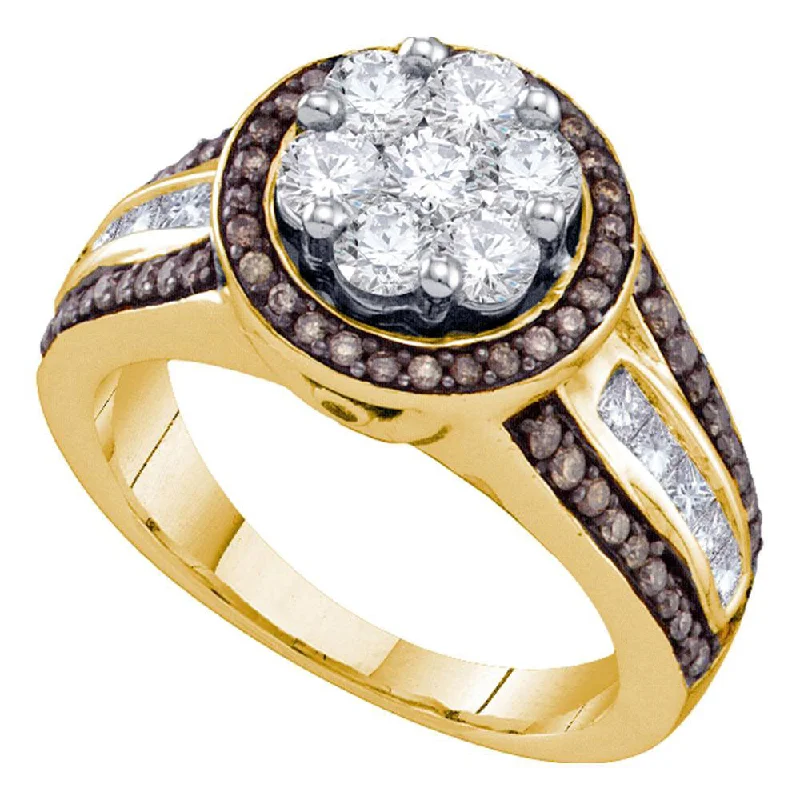 adaptable infinity ring-10kt Yellow Gold Womens Round Brown Diamond Flower Cluster Ring 1-3/8 Cttw