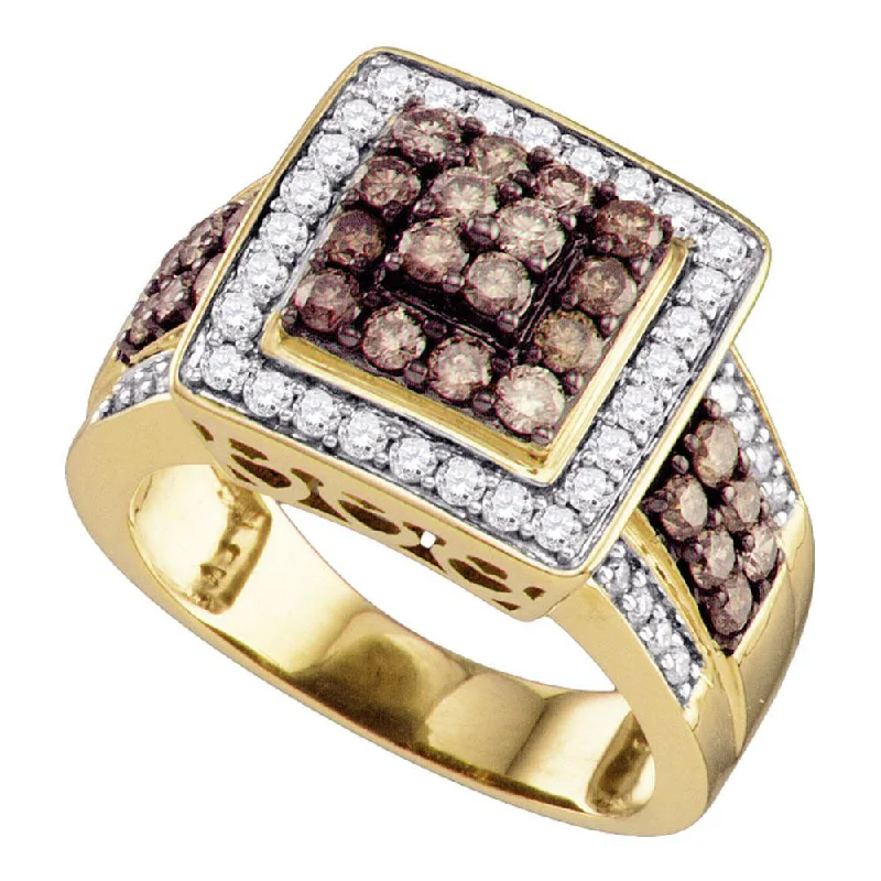 chiseled monogram ring-10kt Yellow Gold Womens Round Brown Diamond Square Cluster Ring 1-1/2 Cttw