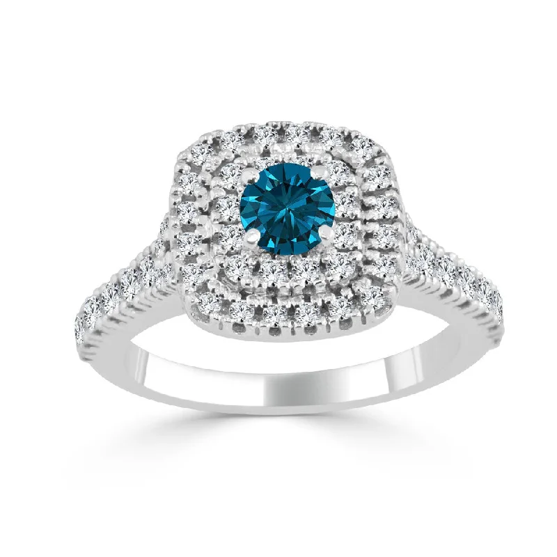 topaz stack ring-14k Gold 1ct TDW Round Blue Diamond Halo Engagement Ring by Auriya