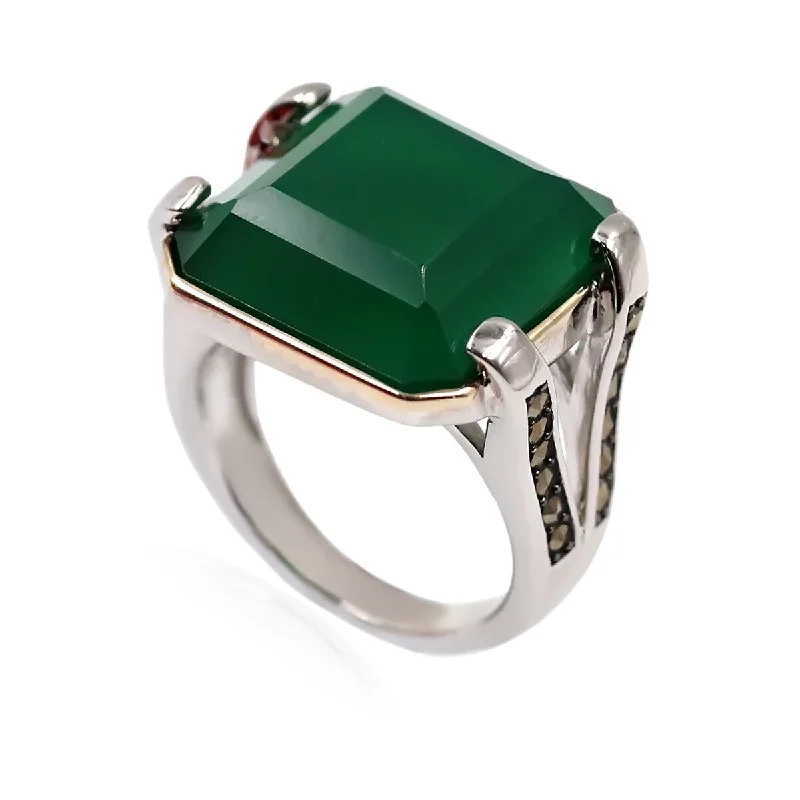 trillion cut diamond ring-14k Gold and Sterling Silver Green Agate and Marcasite Ring