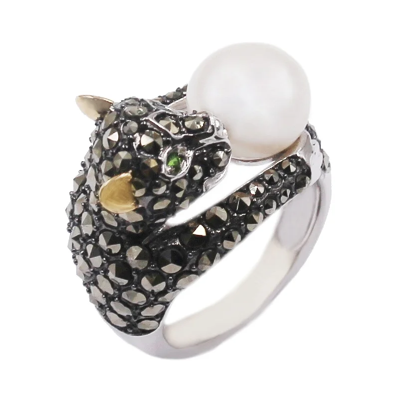 ripple promise ring-14k Gold and Sterling Silver Pearl and Marcasite Ring