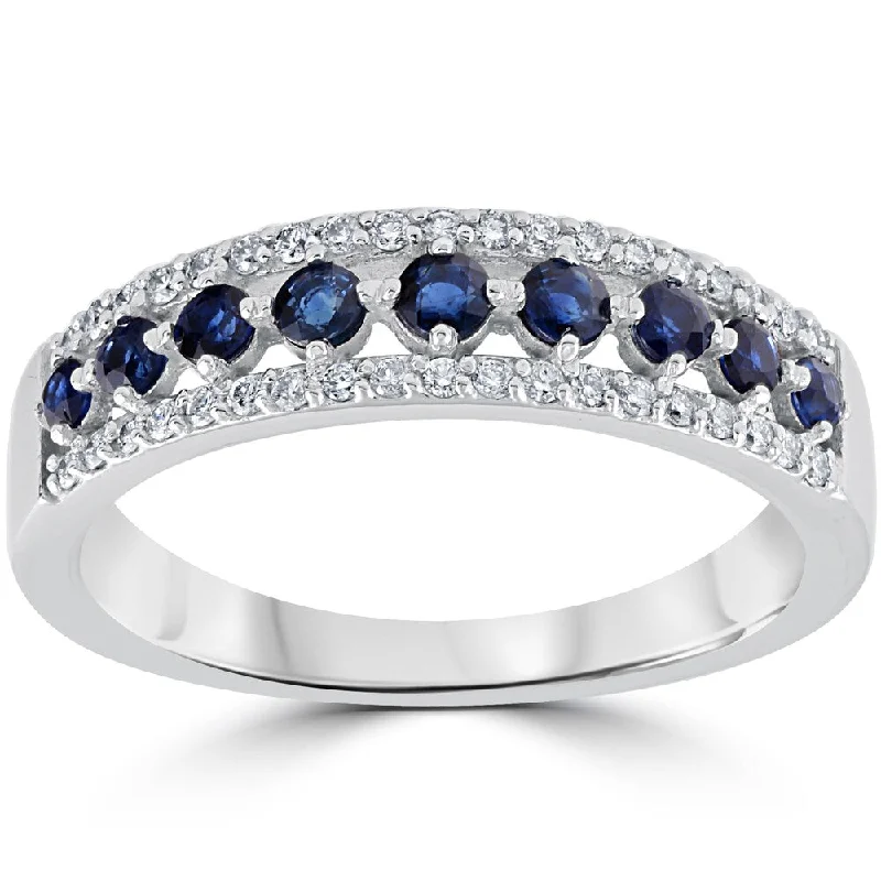 ancestral birthstone ring-14k White Gold 5/8 cttw Blue Sapphire & Diamond Wedding Ring Womens Anniversary Band