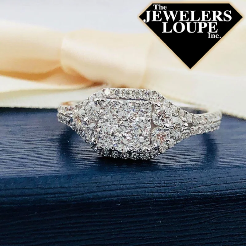 tech angular ring-18K White Gold .87ctw Diamond Pave Square Halo Cluster Ring (80159)