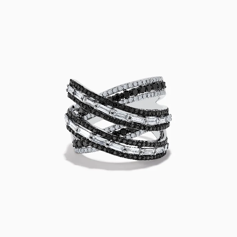 interlocked gold ring-14K White Gold Black and White Diamond Criss Cross Ring