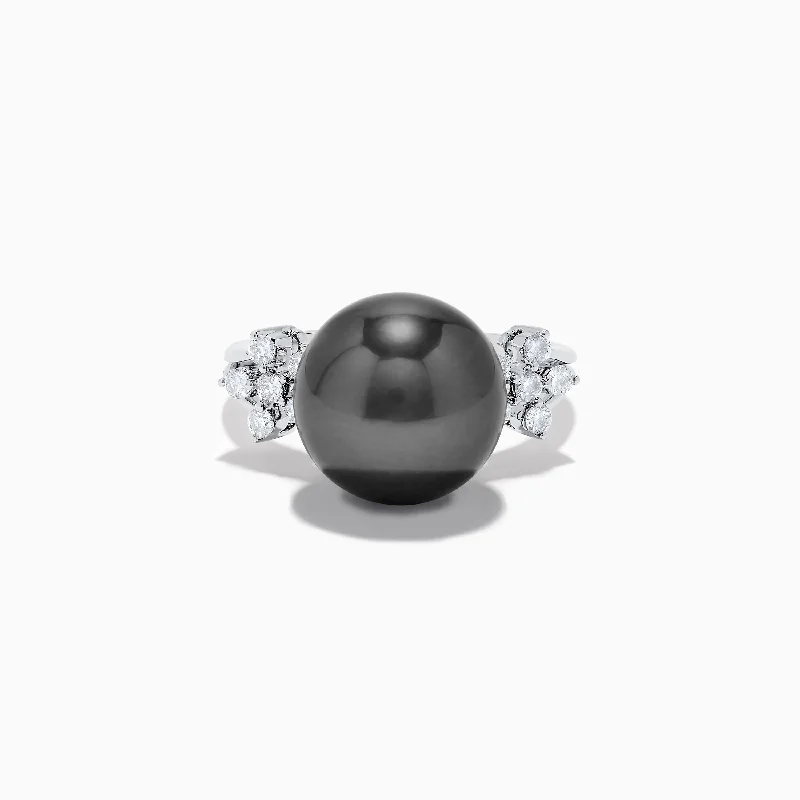 crescent wave ring-14K White Gold Tahitian Pearl and Diamond Ring