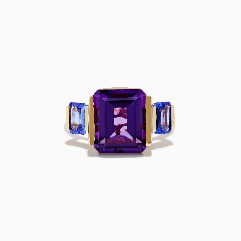 sculpted diamond ring-14K Yellow Gold Amethyst and Tanzanite 3 Stone Ring