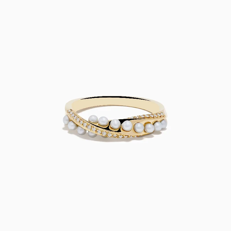 trillion cut diamond ring-14K Yellow Gold Fresh Water Pearl and Diamond Ring