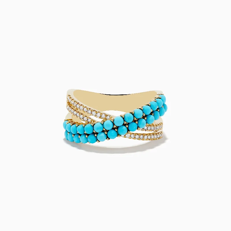 seven-stone ring-14K Yellow Gold Turquoise and Diamond Criss Cross Ring